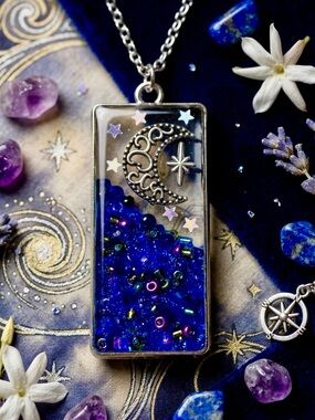 Celestial Moon & Star Resin Pendant Necklace in Deep Blue